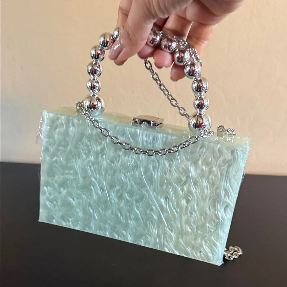 ASOS DESIGN marble resin clutch/ crossbody silver tone beaded handle Mint NEW